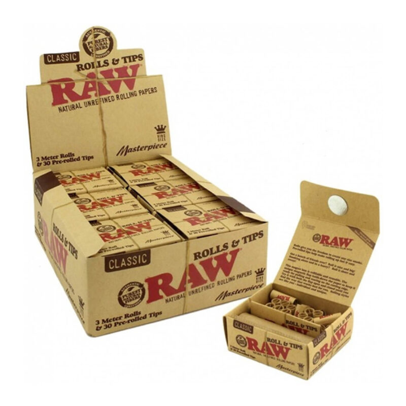 RAW Rolls and Tips 3 meters rolls and pre rolled tips